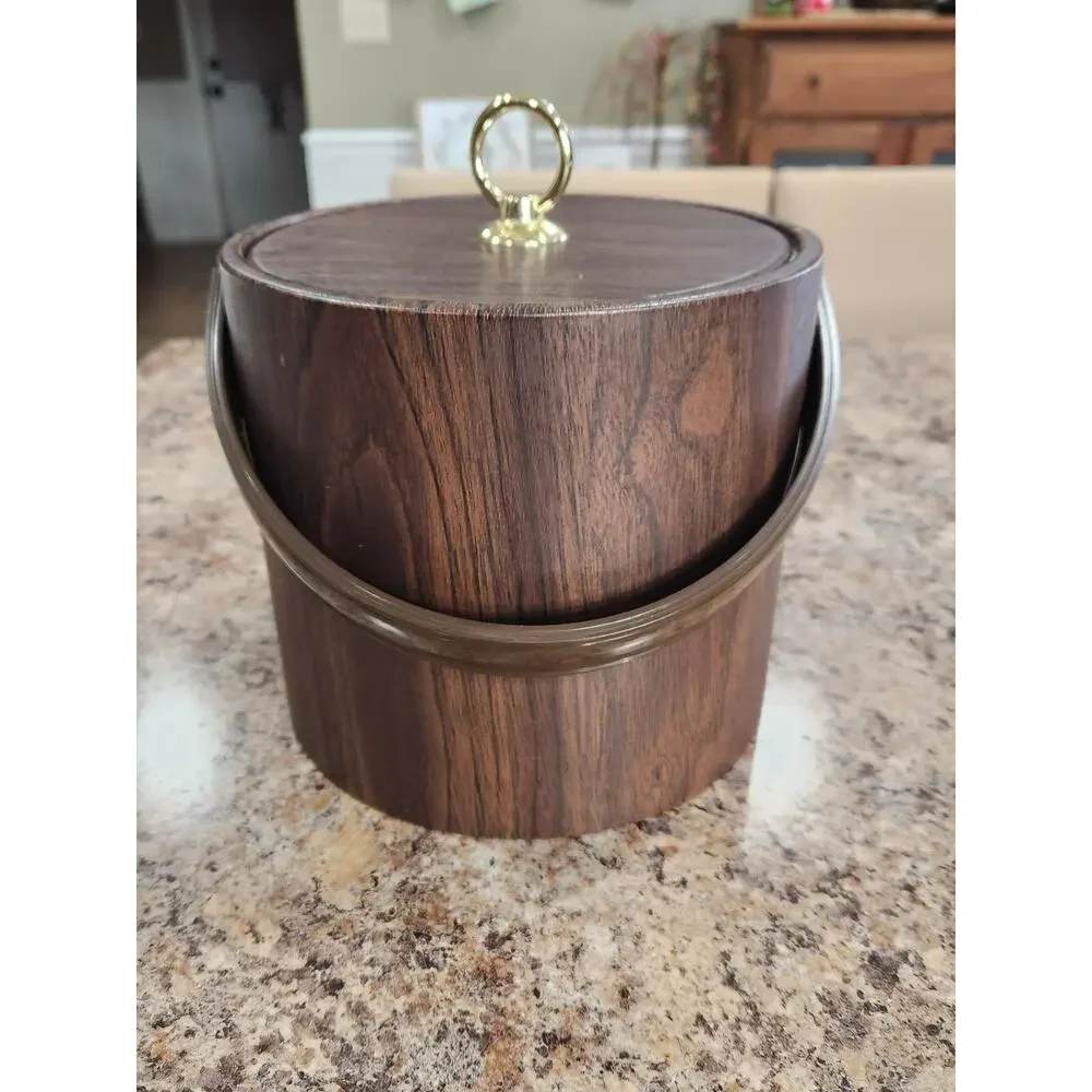 Ice Bucket Vintage Retro 1970s Vinyl Faux Wood Grain look